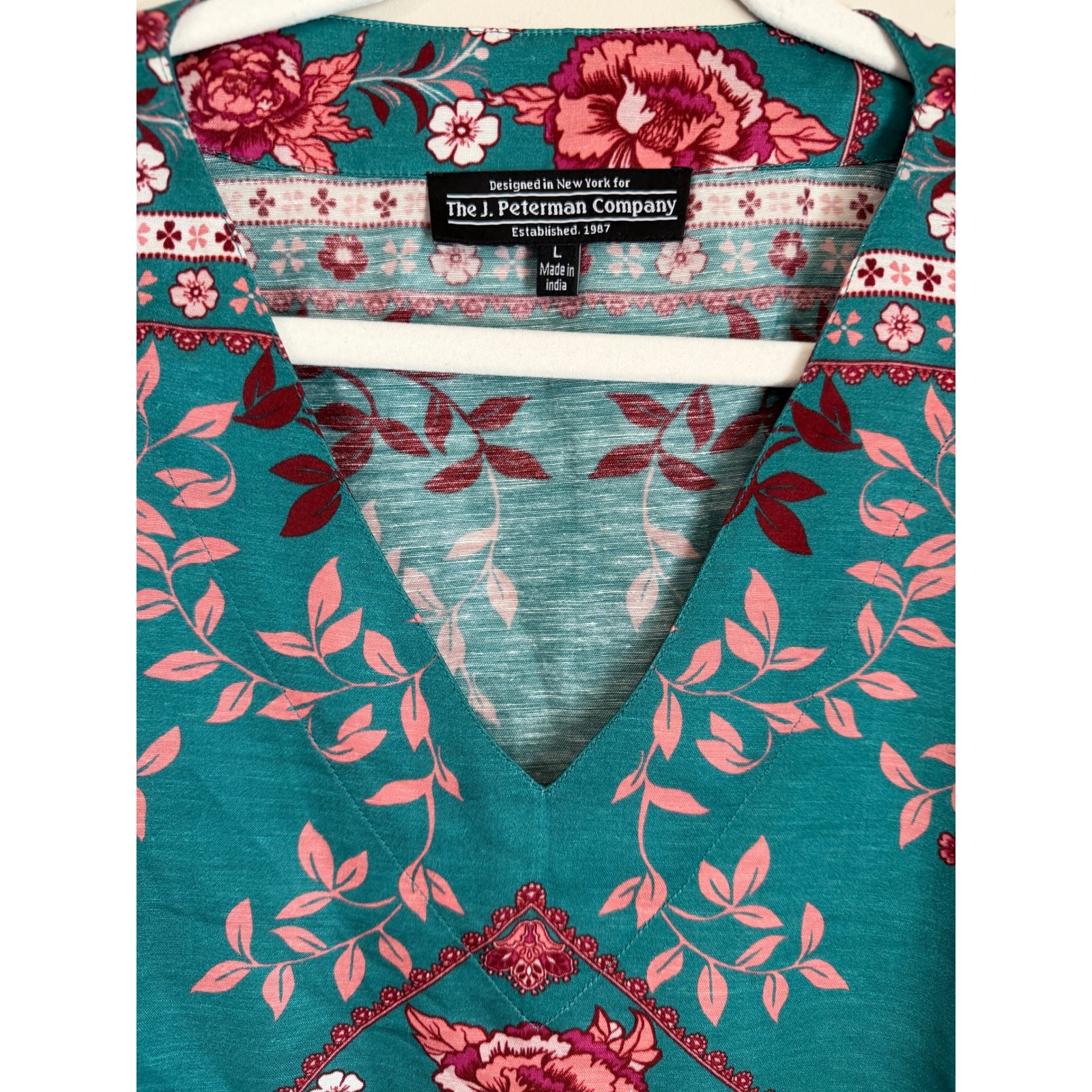 The J. Peterman Company Kaftan Dress Women L Boho Linen Floral Cap Sleeve — image 4 of 8